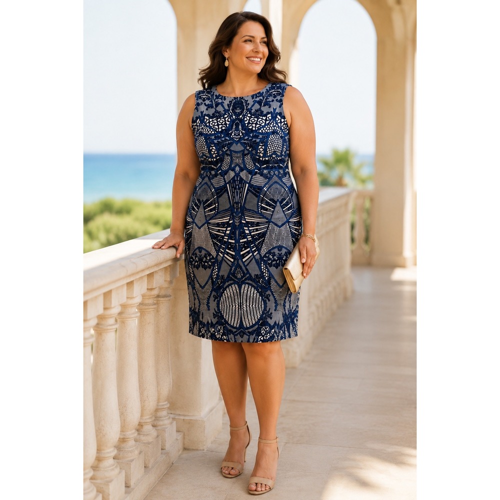 Art Deco Blue Print Sheath Dress Navy Ivory Coastal Cocktail Wedding Party Sz 16